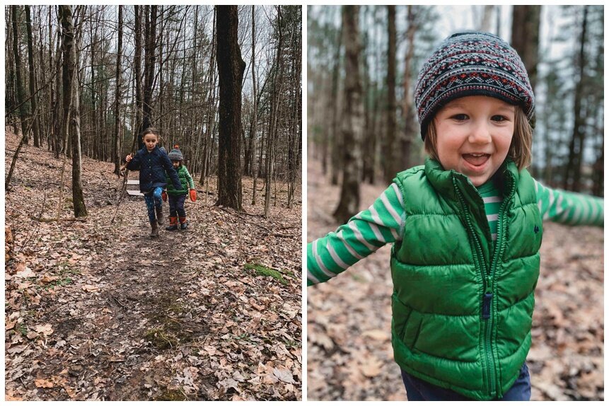 Family Photographer Upstate NY, children exploring woods