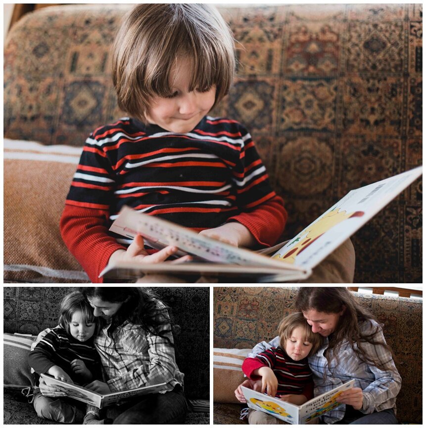 Family photography, Upstate NY, mom and son reading together.