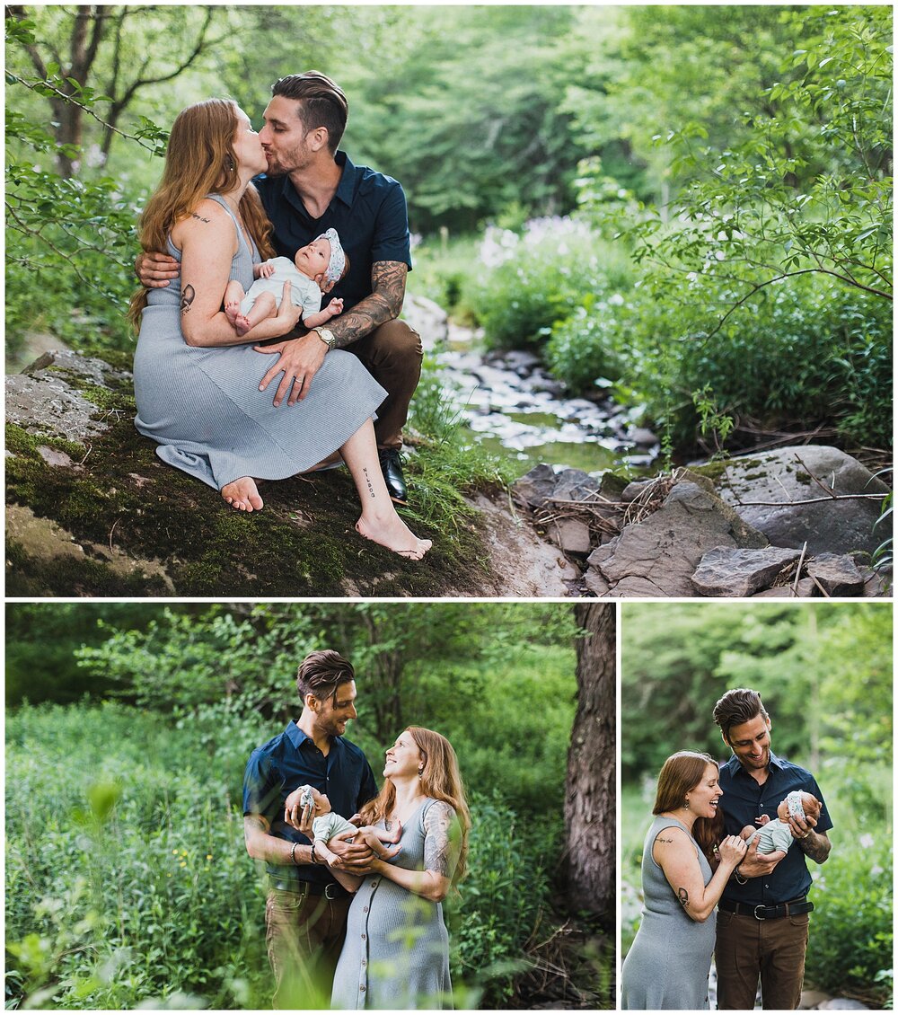 Cooperstown NY Newborn Photographer, Mom Dad and baby girl snuggling outdoors