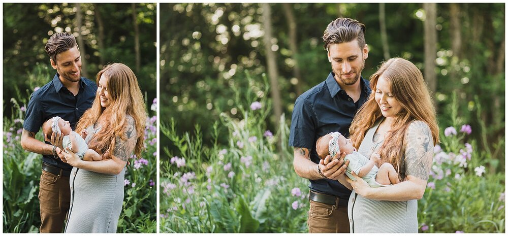 Upstate NY Newborn photographer, mom and dad outside with baby girl