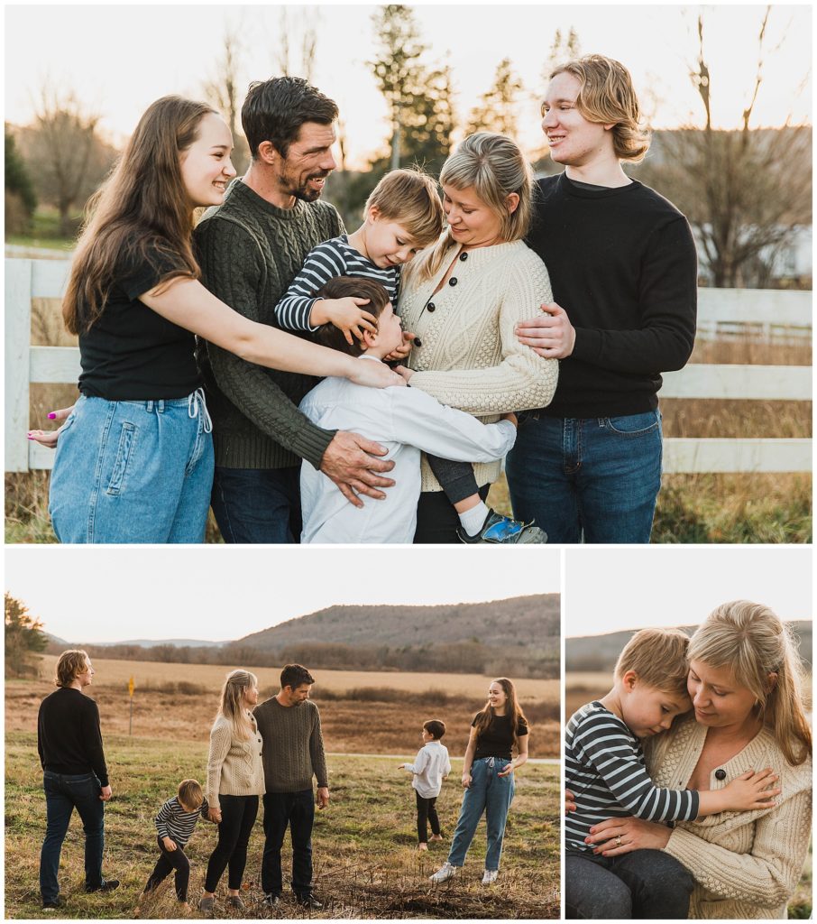 Cooperstown family photographer family of five at sunset on their property
