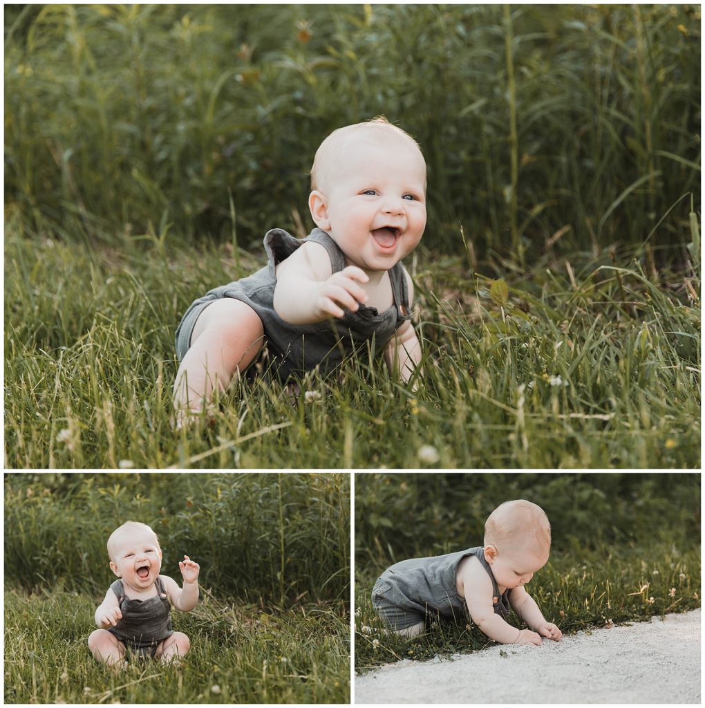 Oneonta NY Family Photographer , baby sitting and crawling at park keeps baby happy for photos