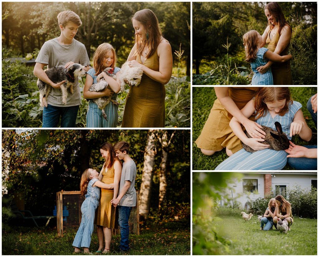 Upstate NY Family Photographer, family in backyard with pets 