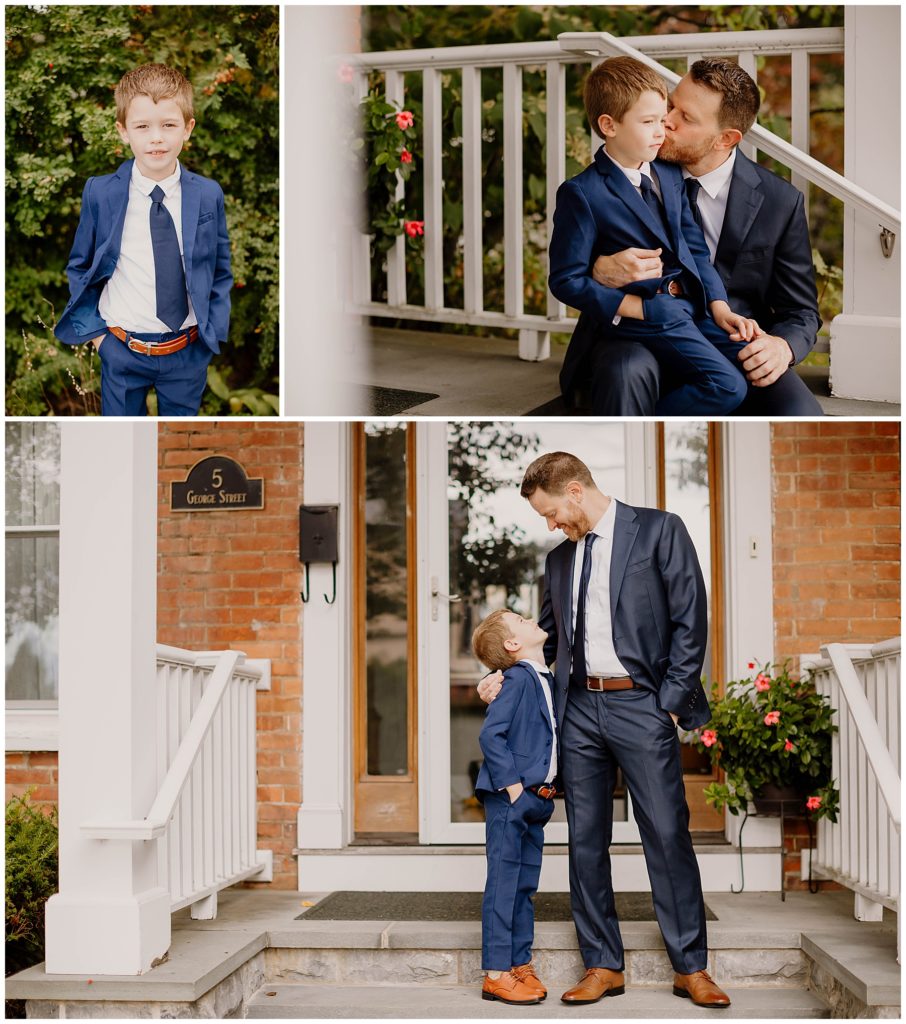 Cooperstown, NY wedding Photographer, Dad and son getting ready outside 
